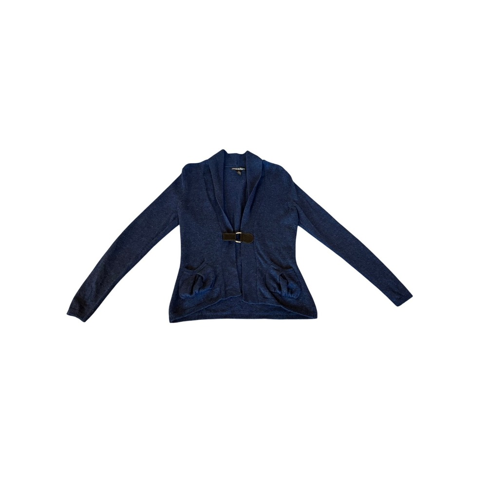 Marina Luna Navy Blue Shawl Collar Buckle Front Knit Cardigan Sweater Womens S